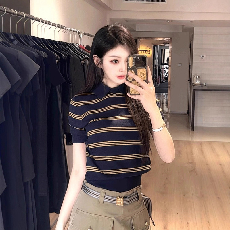 Korean-Style College-Style Polo Collar Striped Knit Short-Sleeve T-Shirt for Women, Summer Slim-Fit Versatile Design Top