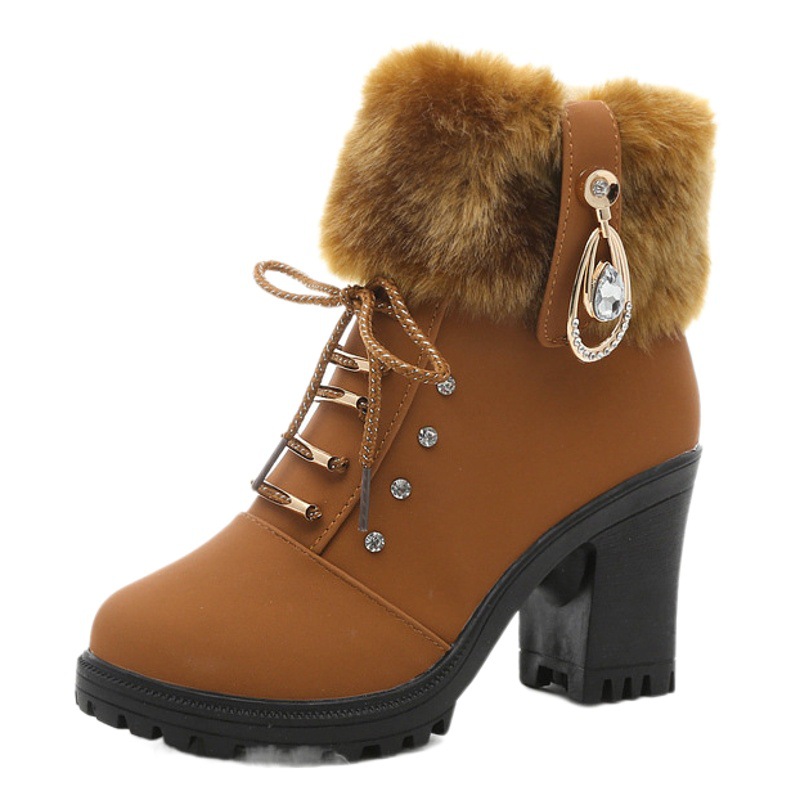 Botas de nieve para mujeres 35-42 en stock 2023 Otoño e Invierno tacón grueso corto botas de mujer cremallera lateral botas de moda colgante de tacón alto