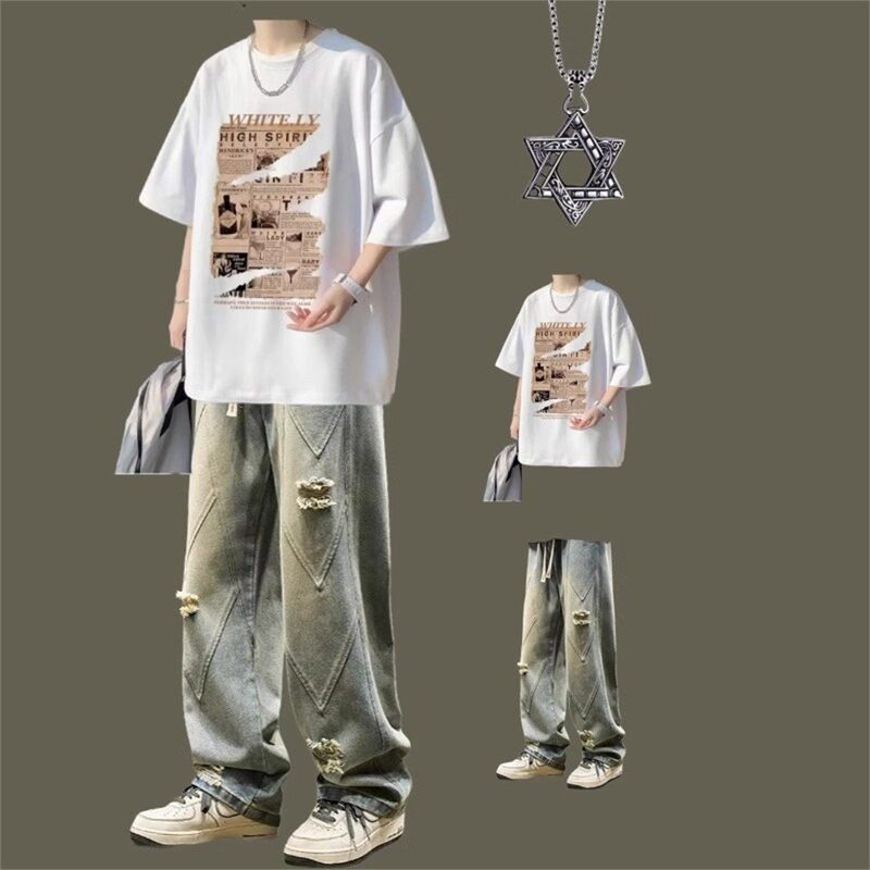 American Trendy Brand Retro Short-Sleeved Suit for Boys, Summer Loose-Fitting T-Shirt Set Paired with Jeans for a Cool and Stylish Outfit