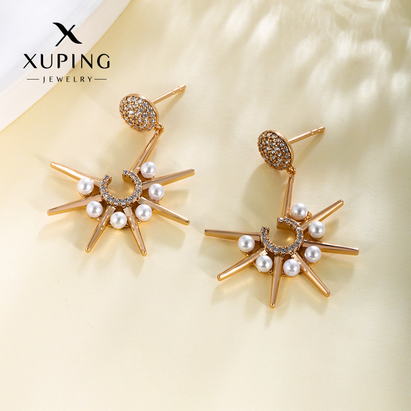 Joyas Xuping chapado 18K imitación de perlas erizo de mar pendientes de diamantes en forma de C pendientes de diseño creativo de flores de sol pendientes para mujeres