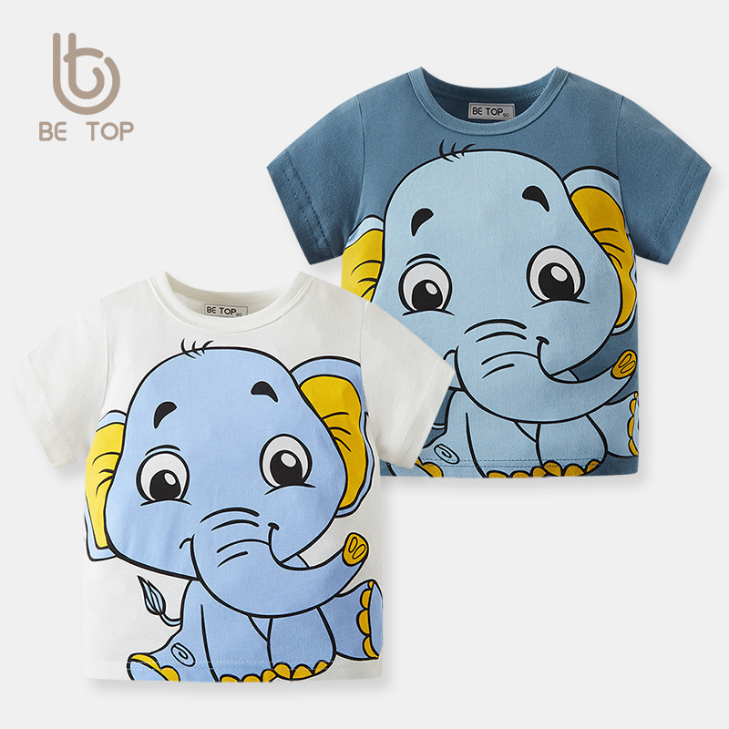 Camisa de verano personalizada para niños, patrón de elefante de dibujos animados de media manga para niños, T de manga corta para niños, ropa de algodón para bebés