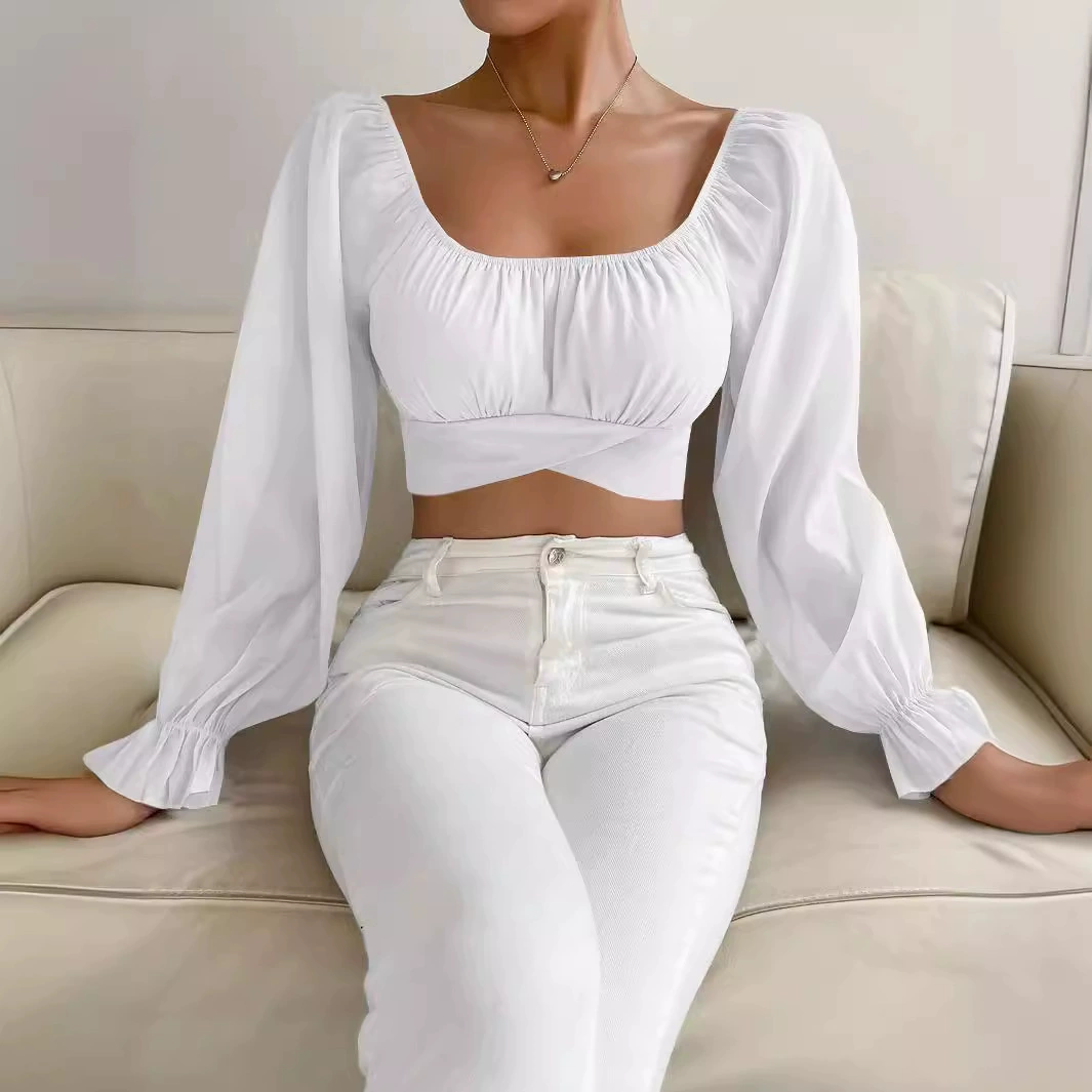Шифоновые блузки с длинными рукавами, sexy длинный пояс, квадратный вырез