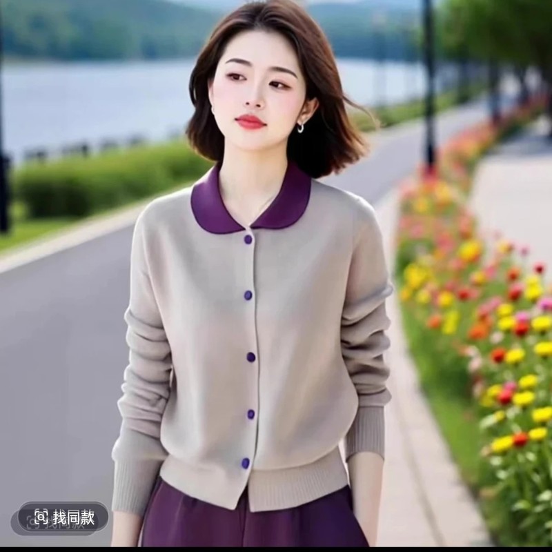 娃娃领早秋2025新款小清新撞色设计感纯色开衫套装女|undefined