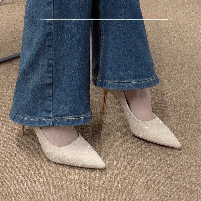 Apricot-Colored High-Heeled Shoes for Women That Are Comfortable, Suitable for Evening Hosts, Sparkling French-Style Performance Shoes, New Arrivals, Can Be Paired with Skirts and Jeans