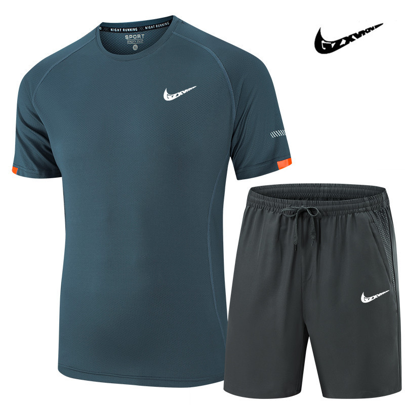 Casual Sports Suit for Men, Summer Breathable Quick-Drying Short-Sleeved T-Shirt and Shorts Two-Piece Set, Elastic Fitness Training Clothes