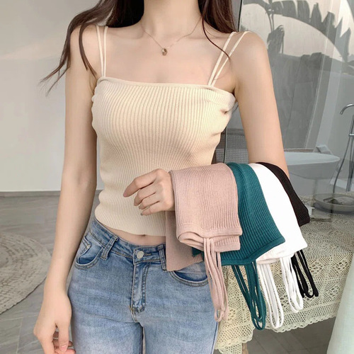 Solid color new Hong Kong style summer clothing new simple inner knitted vest female small sexy double strap elastic knitted sweater