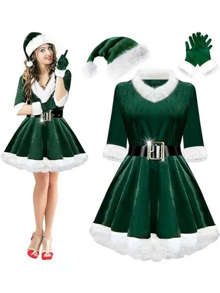 Christmas Mrs. Claus Costume Women's 4-Piece Santa Claus Costume Women's Velvet Santa Claus Dress