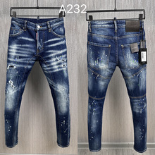 A232型2023D2男装牛仔长裤二次方漆点拼接破洞小直脚跨境潮牛仔裤
