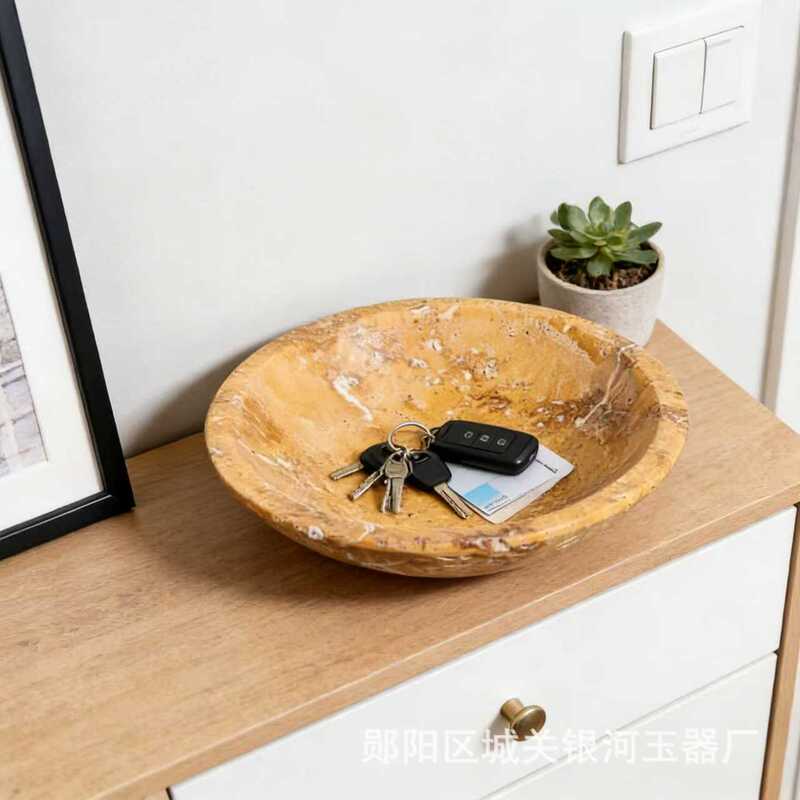 Vintage Travertine Deep Dish Bowl for Household Fruit and Snack Storage, Decorative Piece for Model Home Dining Table