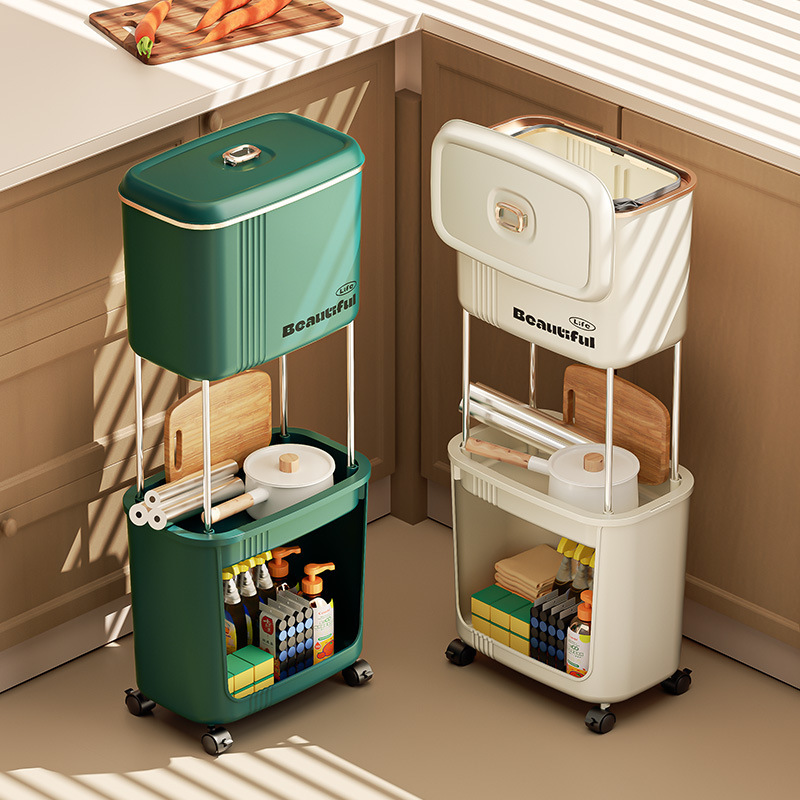 Household kitchen cream wind movable sorting trash can multi-layer storage rack large capacity storage gap rack