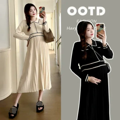 Реальная одежда для беременных 2024 новый осенний и зимний вязаный средний длинный плиссированный повседневный выход для беременных