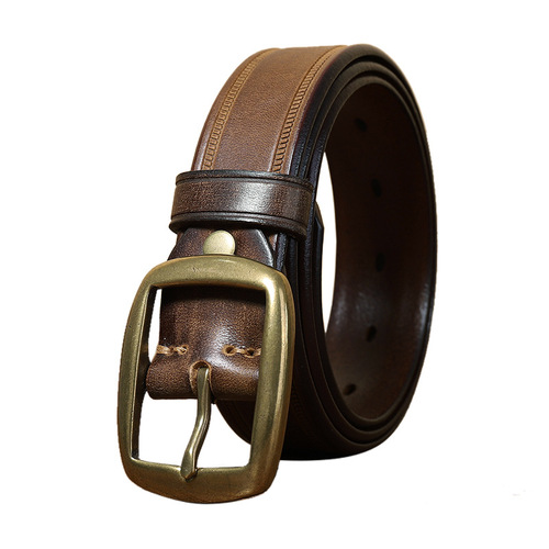 3.3CM wide retro belt men's genuine leather pin buckle first layer cowhide fashion student Korean style trendy copper buckle trouser belt