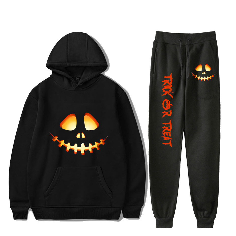 Women's Clothing creative pumpkin ghost face cartoon hooded sweatshirt leggings sports suit_voghion.com