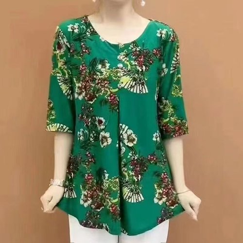 2025 Spring Summer Kun Mom Printed Women's Top Loose Matchy Matchy Middle-Aged Base Shirt Top