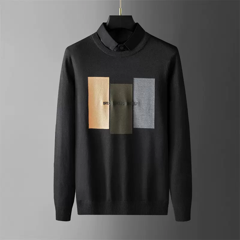 超市2025春秋薄款三拼色毛衣圆领撞色青年打底针织衫衬衫领毛衣男