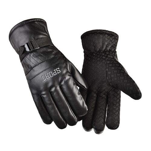 Men's winter motorbike gloves with plush lining, thick insulation, windproof, cold-resistant, anti-slip PU leather outdoor riding large cotton gloves