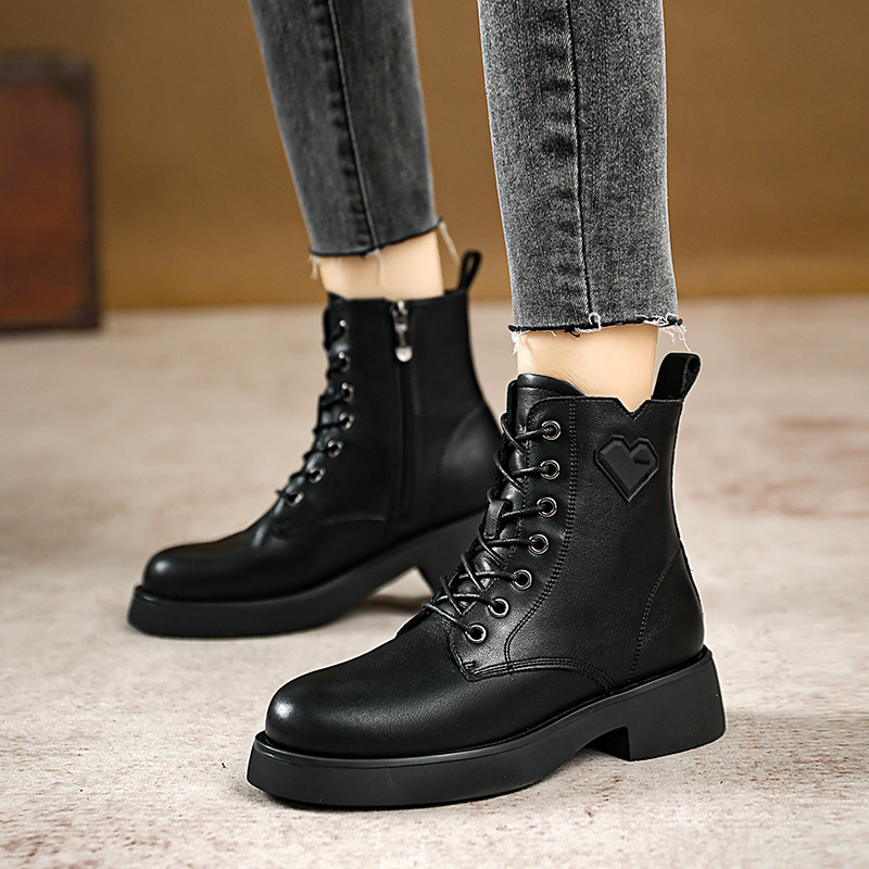 [Special Offer] Flat Martin Boots British Style Knight Boots Trendy Genuine Leather Short Boots Cowhide White Single Boots