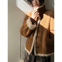 韩版复古麂皮绒皮毛一体外套女冬季新款2025十三行立领短款大衣