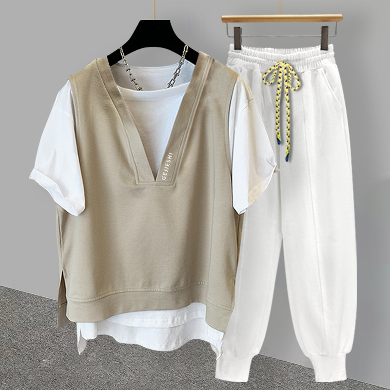 Fake Two-piece T-shirt Suit For Men In Summer,Korean Version,Casualy Embroidery,Versatile Short-sleeved,Loose,Complete Set For Students