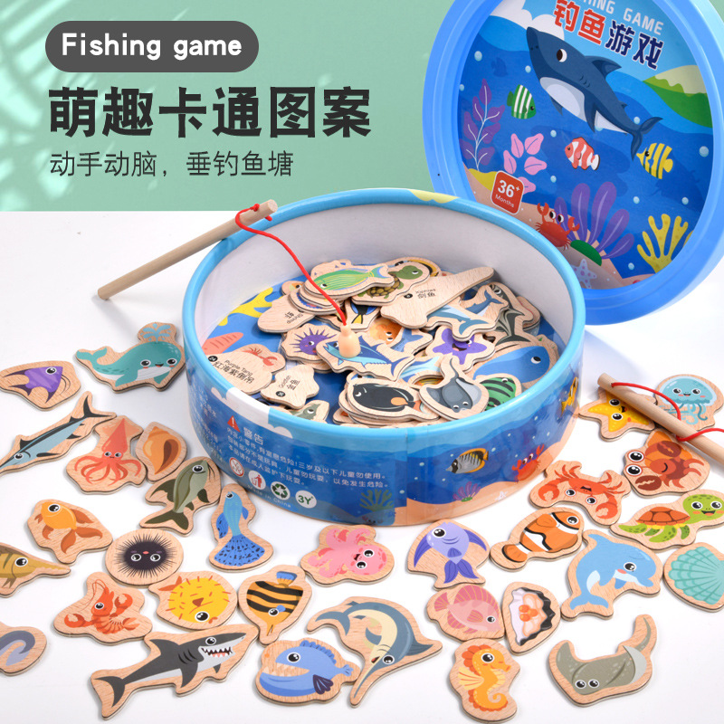 Incorporado en el océano magnético de pesca de madera de los niños de la diversión Juguetes de padre-hijo juego interactivo 31 peces barril al por mayor