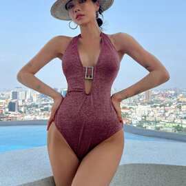 跨境欧美连体泳衣高级感性感深V酒红色显白bikini葫芦岛 泳装纯欲