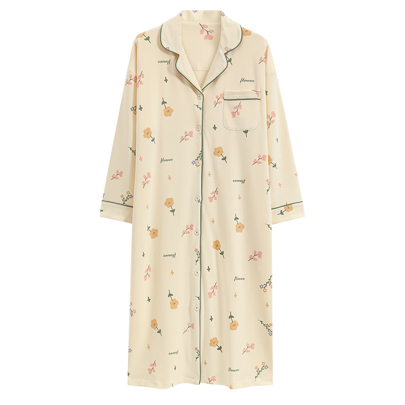 Camisón de las mujeres con almohadilla en el pecho de primavera y otoño de algodón de manga larga cardigan vestido de pijama de las mujeres otoño ropa de abrigo homewear