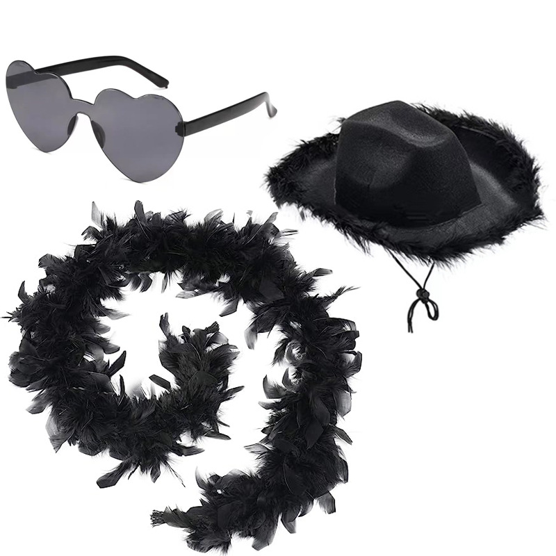 黑色毛边牛仔帽配40g羽毛围巾眼镜三件套牛仔帽黑色眼镜围巾套装