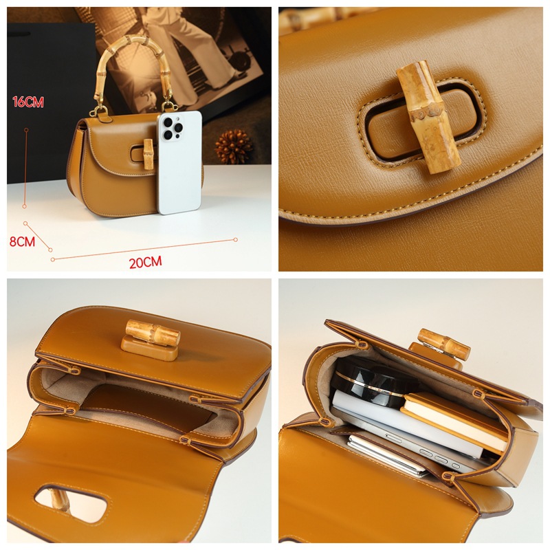 Bamboo Joint Handle Handbag Retro Saddle Bag Genuine Leather Women's Bag 2025 New Arrival Luxury Small Shoulder Crossbody Bag - Thumbnail 4