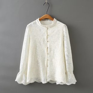 2025 spring plus size lace shirt women's beaded lace collar lotus leaf long sleeve cardigan fat girl shirt temperament 498
