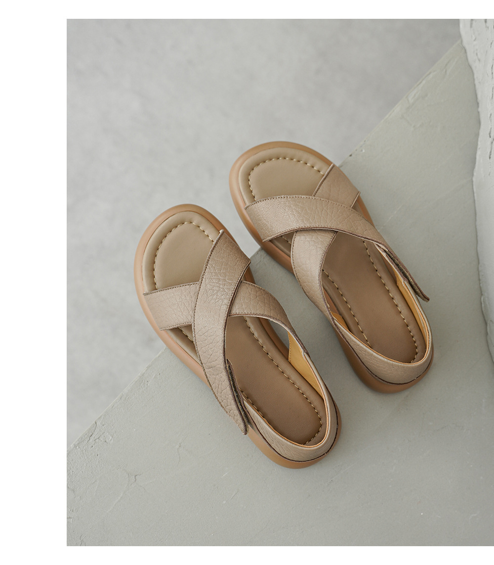 Sandal nữ hở mũi đế dày da cừu phong cách đơn giản, quai dán tiện lợi — màu be chi tiết 19