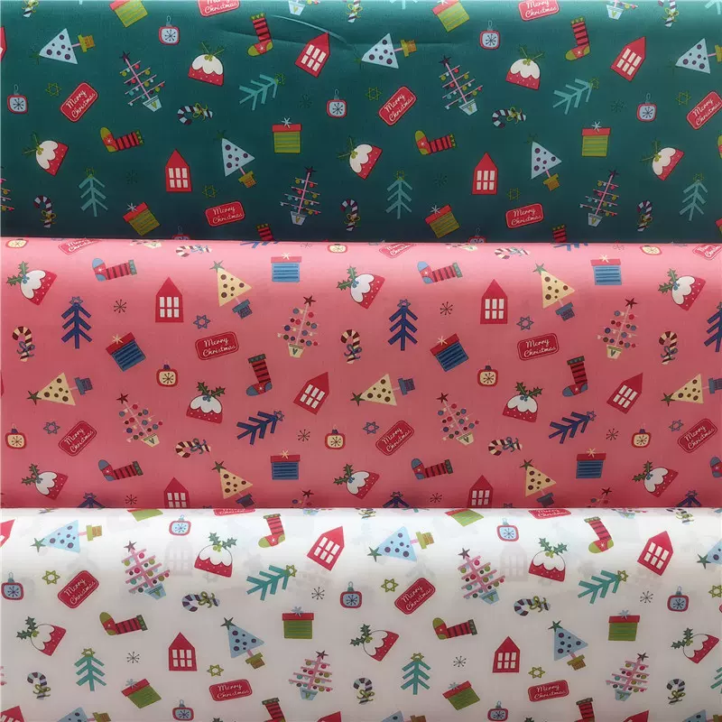 纯棉印花斜纹棉布料 圣诞小树雪人卡通可爱 童装睡衣手工床品面料