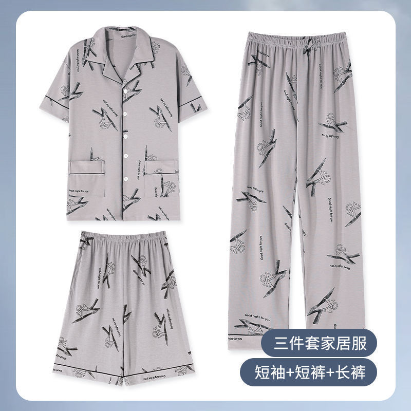 Pajamas de algodón para hombres, pantalones cortos de mangas cortas, pantalones largos de tres piezas, cardiganes casuales, ropa para el hogar de tamaño grande.