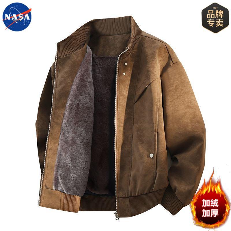 Nasa Brand High-Quality American-Style Baseball Collar Leather Jacket for Men, Winter Large Size, Fleece-Lined and Thickened, Cool and Stylish Outerwear