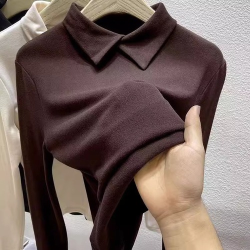 Stylish Youthful Slimming Black Fleece Long-Sleeve Base Shirt for Autumn/Winter Versatile Innerwear Slim Fit Polo Collar Women