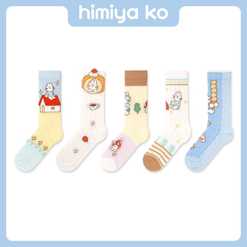 Summer thin glass silk women's socks, cotton cute bunny mid-tube socks, cartoon hollow breathable stacked socks, Korean style Summer thin glass silk women's socks, cotton cute bunny mid-tube socks, cartoon hollow breathable stacked socks, Korean style