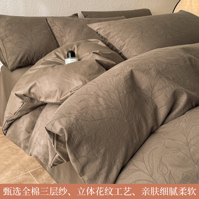 Cama de hilo de doble capa de algodón de cuatro piezas, sábana de algodón grueso, funda de edredón, dormitorio individual, traje de tres piezas 2025 nuevo 3