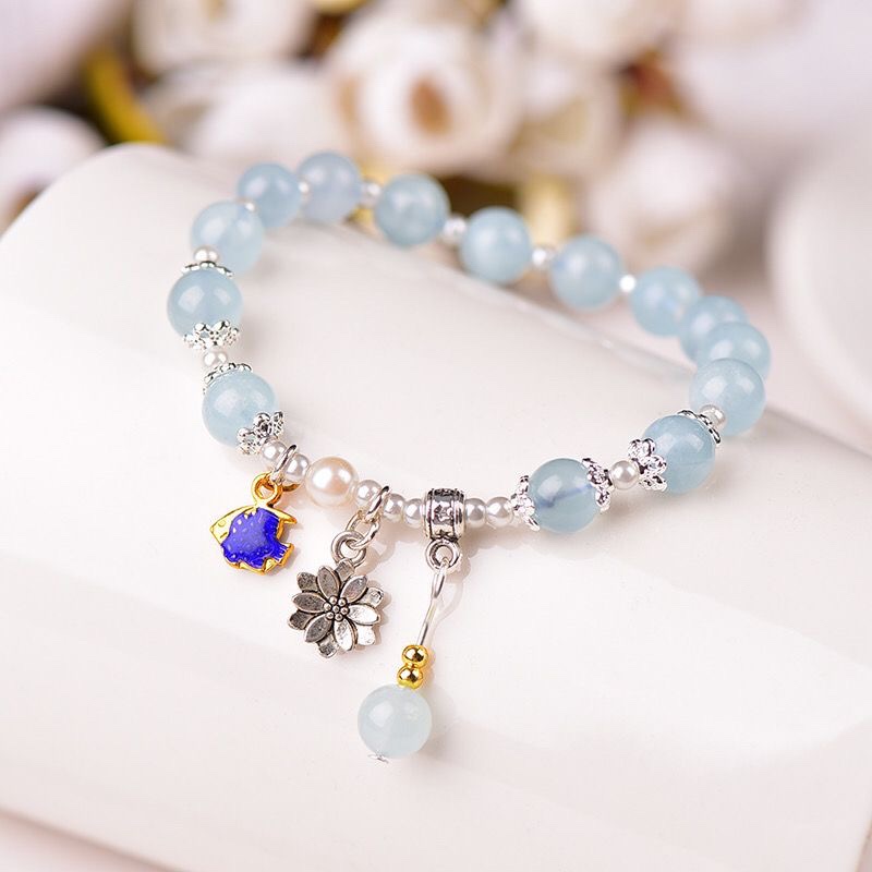 Natural Crystal Stone Bracelet for Women's New Xiaoqing Novice Cross Ocean Blue Treasure Small Fish Pendant Bracelet Wholesale in Stock