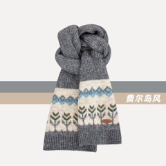 新款红色费尔岛提花小标毛线围巾女秋冬保暖百搭韩系复古针织围脖