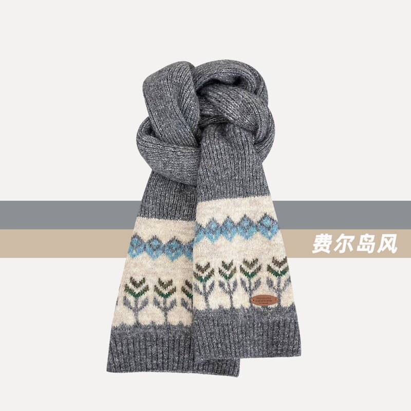 新款红色费尔岛提花小标毛线围巾女秋冬保暖百搭韩系复古针织围脖|undefined