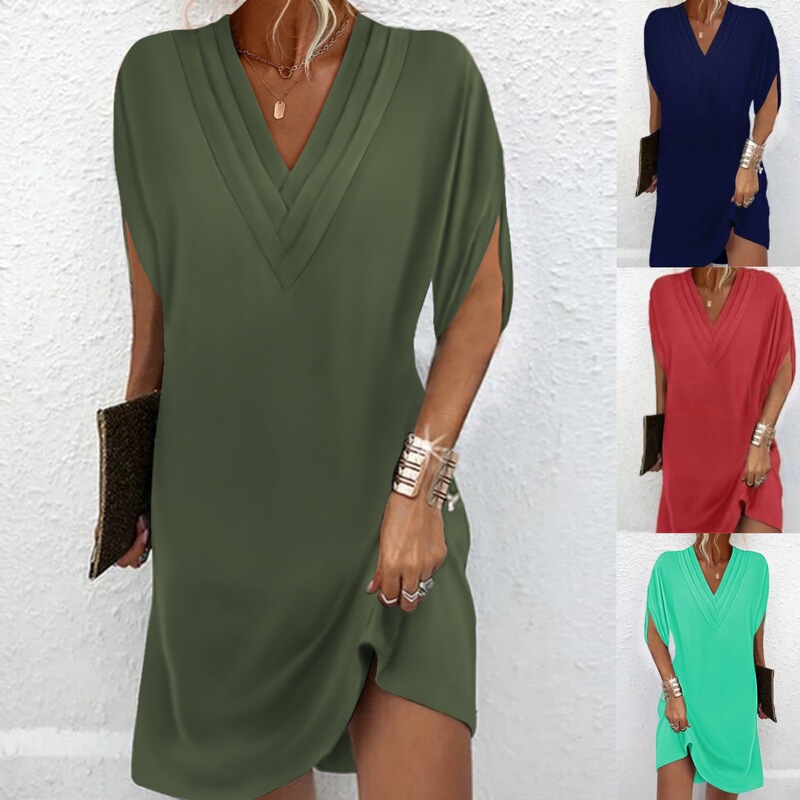 2026 New European and American Amazon Women's Spring/Summer Fashion V-neck Pleated Batwing Sleeve Solid Color Dress 2026 New European and American Amazon Women's Spring/Summer Fashion V-neck Pleated Batwing Sleeve Solid Color Dress
