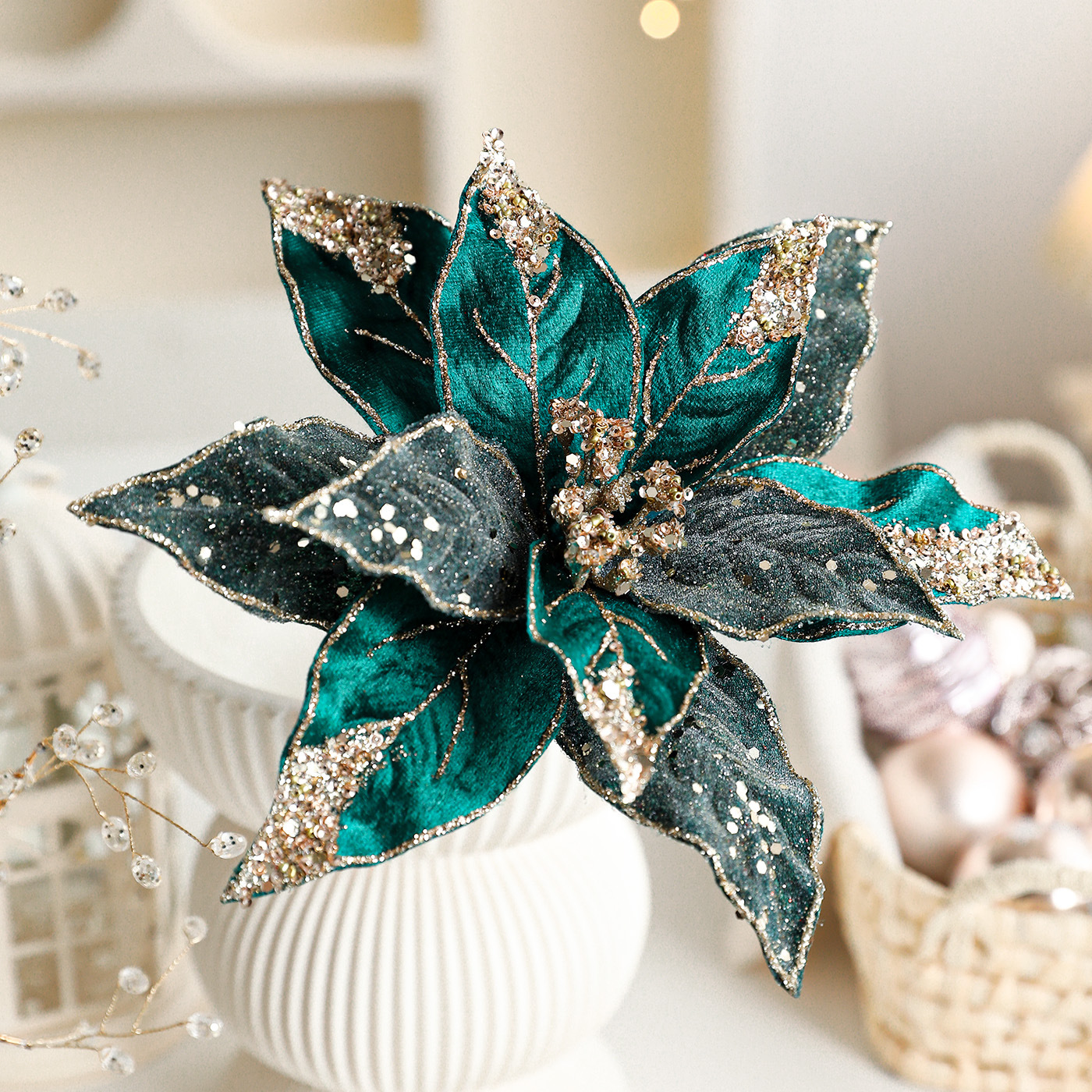 Nuevo producto 27CM tela de lana de alta calidad flores de Navidad flores de polvo de oro flores de polvo de flores de Navidad coronas de caña decoración floral image 3