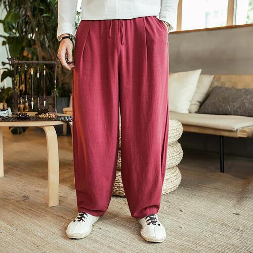 Summer and Autumn Chinese Style Men's Pants Linen Casual Loose Plus Size Fat Boy Wide Leg Pants Practice Cotton Linen Lantern Pants