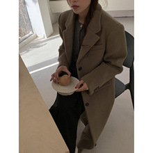 2025冬季新款韩国设计师hanjo复古正肩单排扣过膝羊毛呢羊绒大衣