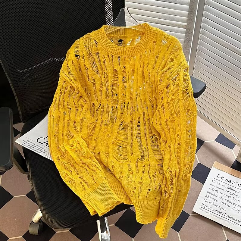 Übergroßer, lässiger Strickpullover für Herren mit einzigartigem Cut-Out-Design. Lockere Passform, lange Ärmel, bequemer Pullover für den Alltag (mehrere Farben)_voghion.com