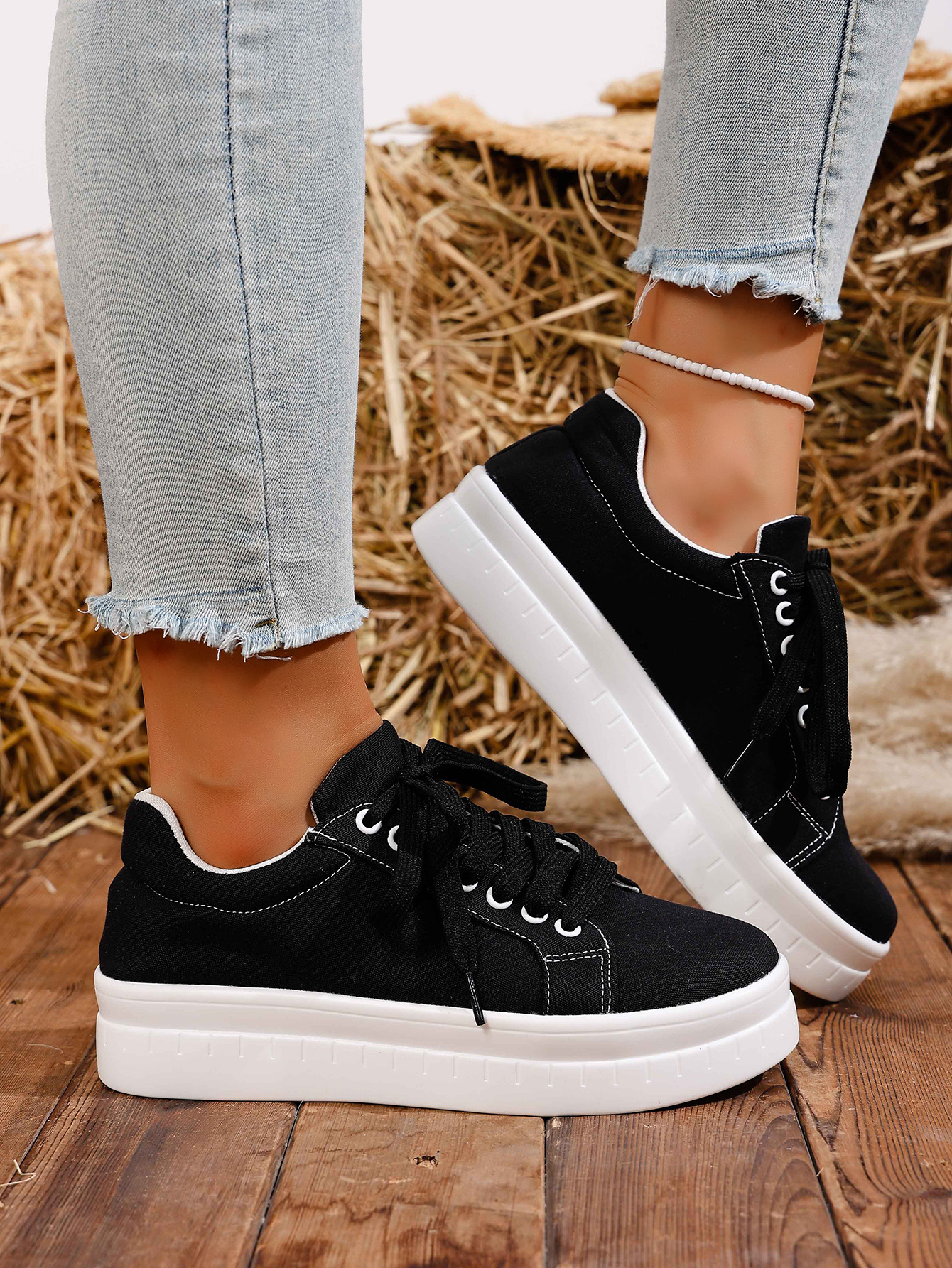 Women's Lace-up Casual Trainers For Women Round Toe Thick Sole_voghion.com