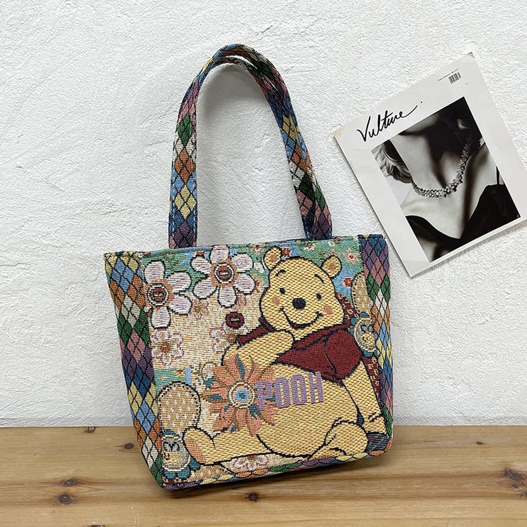 Canvas Tote Bag with Diamond Pattern, Bear and Rabbit Design, Double-Sided Casual Mommy Handbag, Office Worker Small Bag