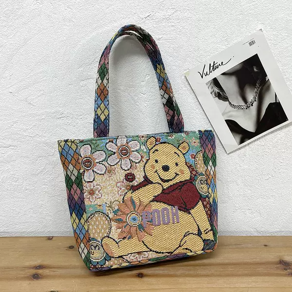 Canvas Tote Bag with Diamond Pattern, Bear and Rabbit Design, Double-Sided Casual Mommy Handbag, Office Worker Small Bag
