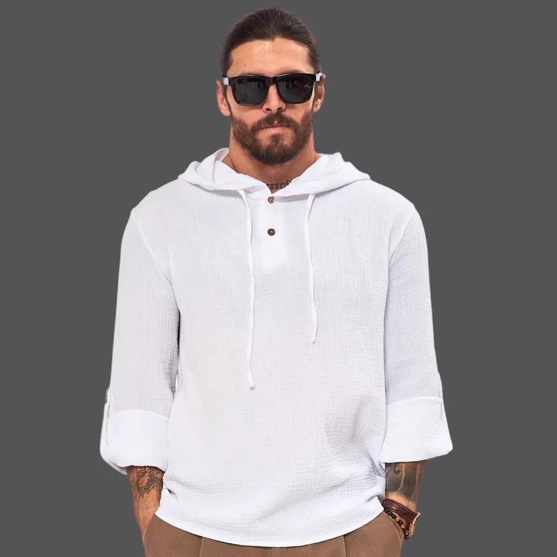 2026 Cross-Border European and American Style Double-Layer Cotton Autumn Men's Casual Loose Hooded Long-Sleeve Shirt 2026 Cross-Border European and American Style Double-Layer Cotton Autumn Men's Casual Loose Hooded Long-Sleeve Shirt