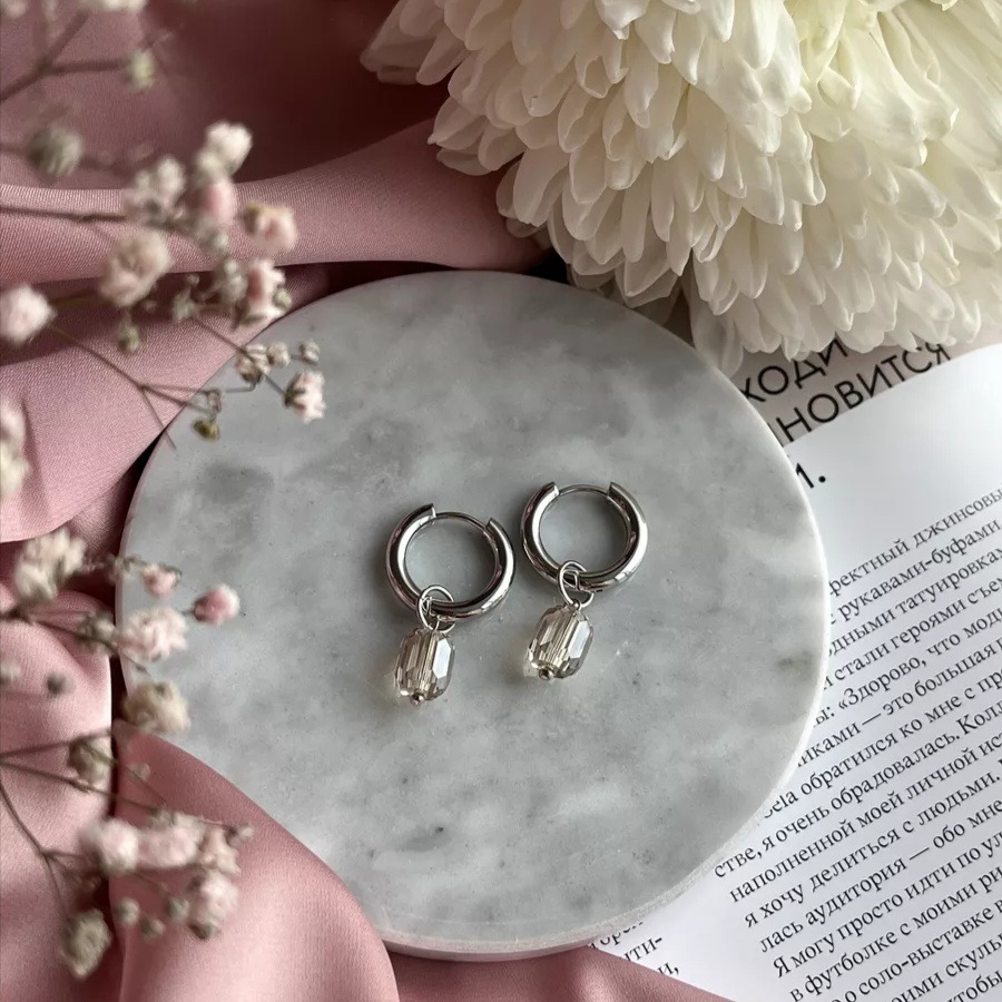 European and American Cross-Border Jewelry, Cool and Cool Stainless Steel Geometric Double Hoop Earrings, Round Bead Crystal Pendant Earrings for Women