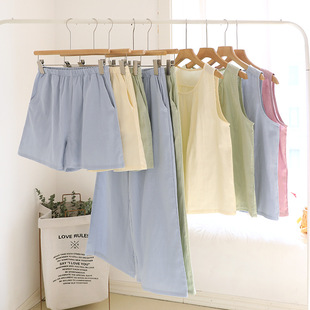 Summer Pure Cotton Gauze Pajamas for Women, Thin Pure Color Vest Shorts with Side Pockets, Loose Home Clothes and Pants That Can Be Worn Outside